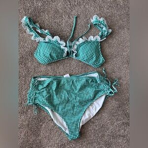 J. Crew Green and White Gingham Bikini Set